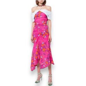 Tanya Taylor Dress WMNS 4 Pink Falling Floral Silk Virginia‎ $595 Off Shoulder